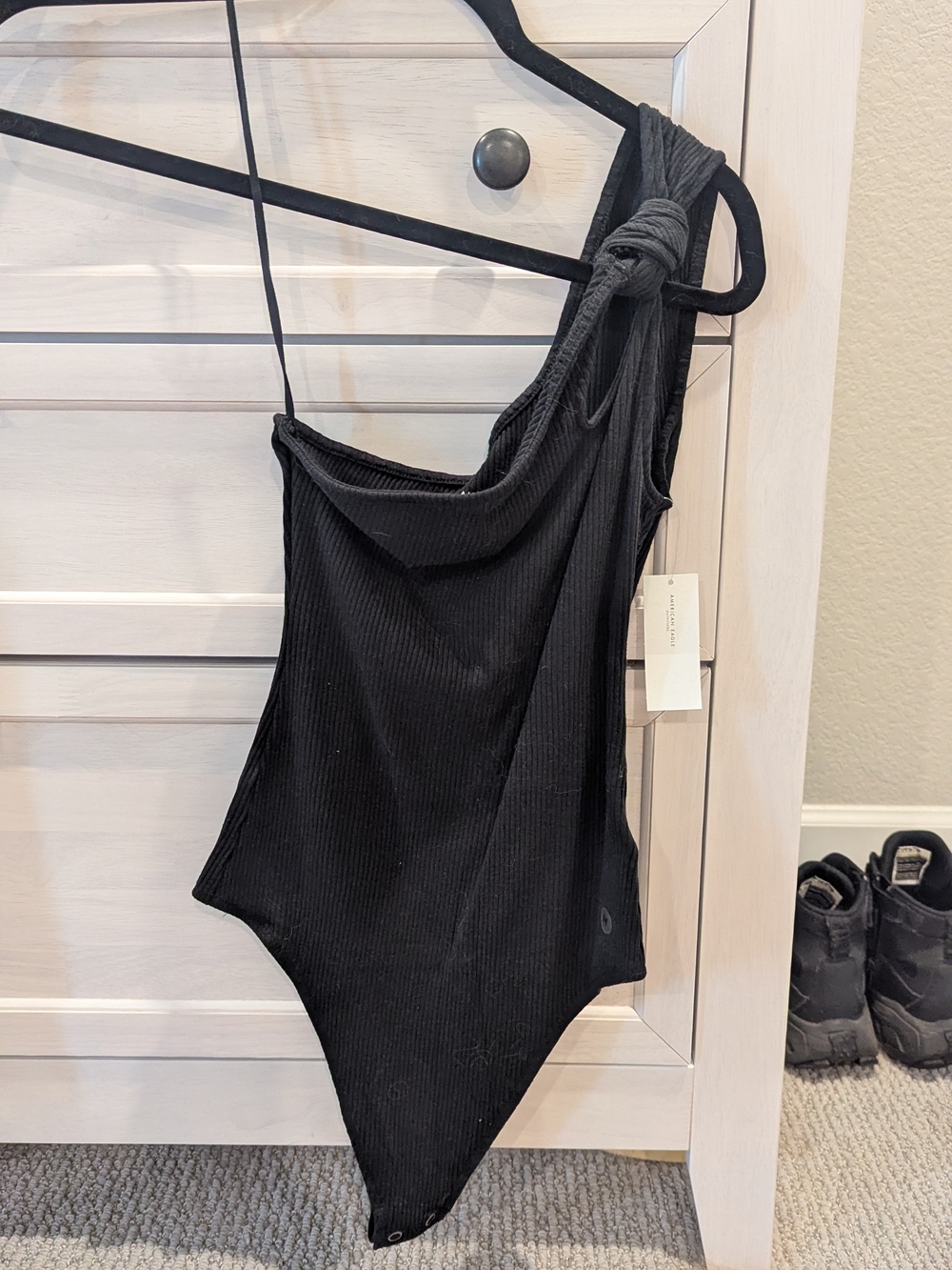 American Eagle Outfitters Black Ribbed One-Shoulder Bodysuit with Knot Detail